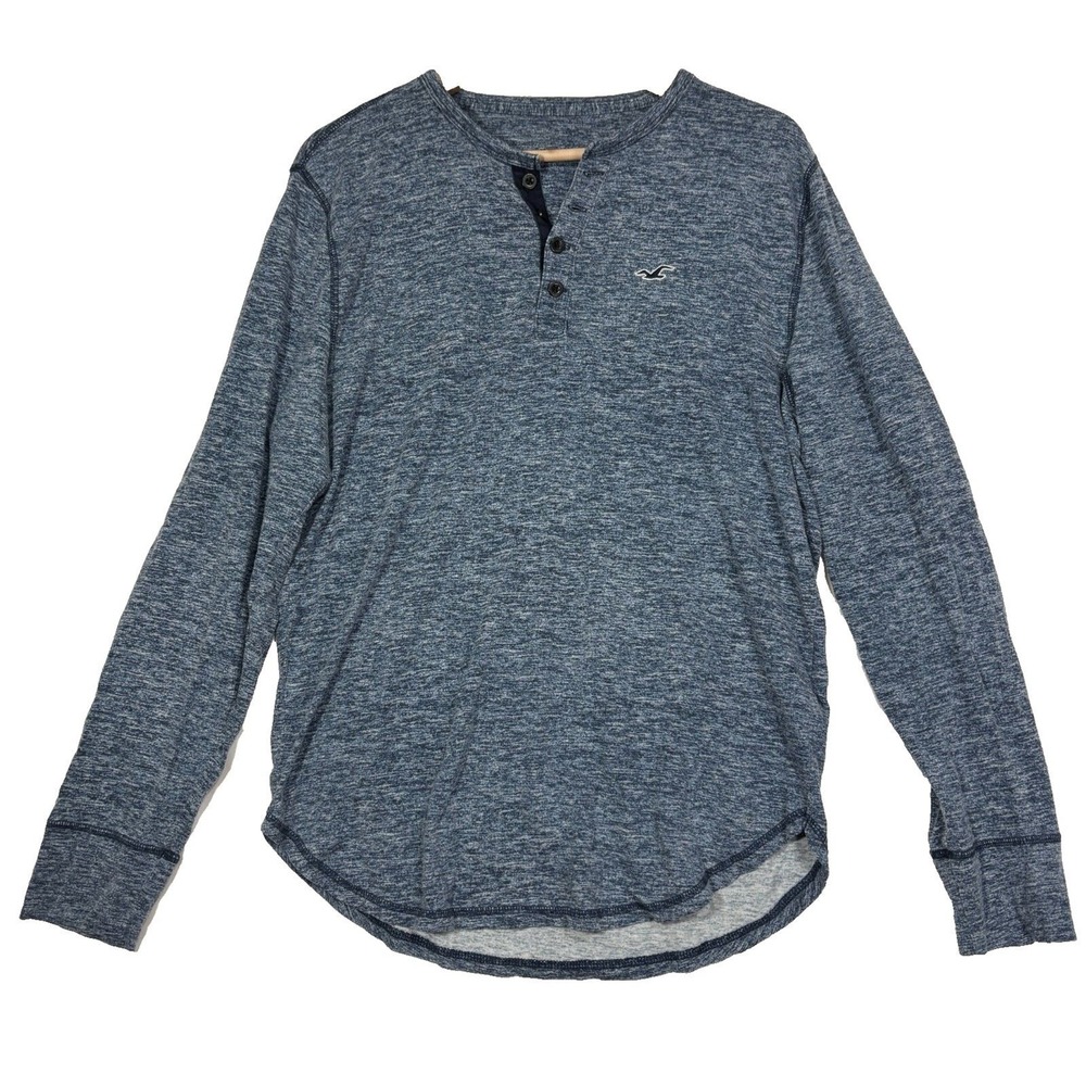 Hollister Henley Shirt Blue Space Dye Curved Hem Long Sleeve Casual Logo Men's M